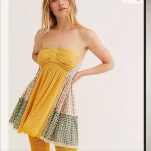 Free People | Tube Top Tunic Dress Yellow with Mixed Patterns | Size L